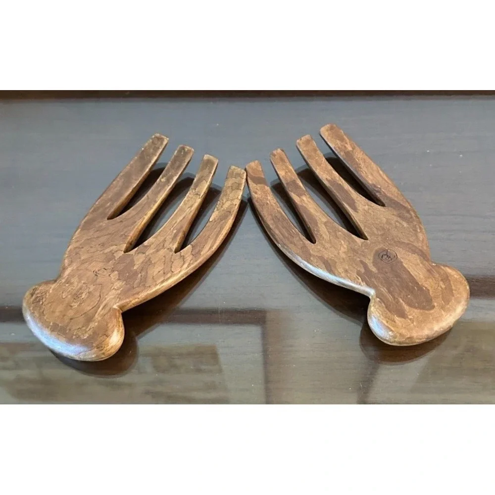 Vintage MCM Wood Salad Hands Tongs Tosses Wooden